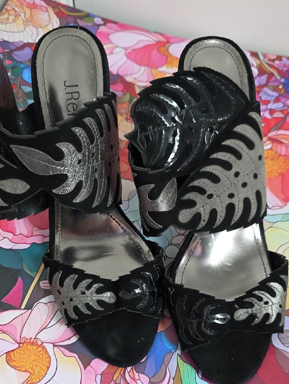 J.Renee Anhelina Black and Silver Botanical Slide Heels 8m